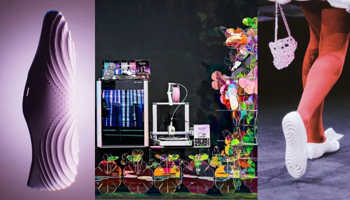 Montage composé d'une chaussure lilas imprimée en 3D, de deux imprimantes 3D Bambu Lab entourées de découpes de fleurs irisées et d'un mannequin en défilé portant des chaussures blanches et un sac en perles roses.